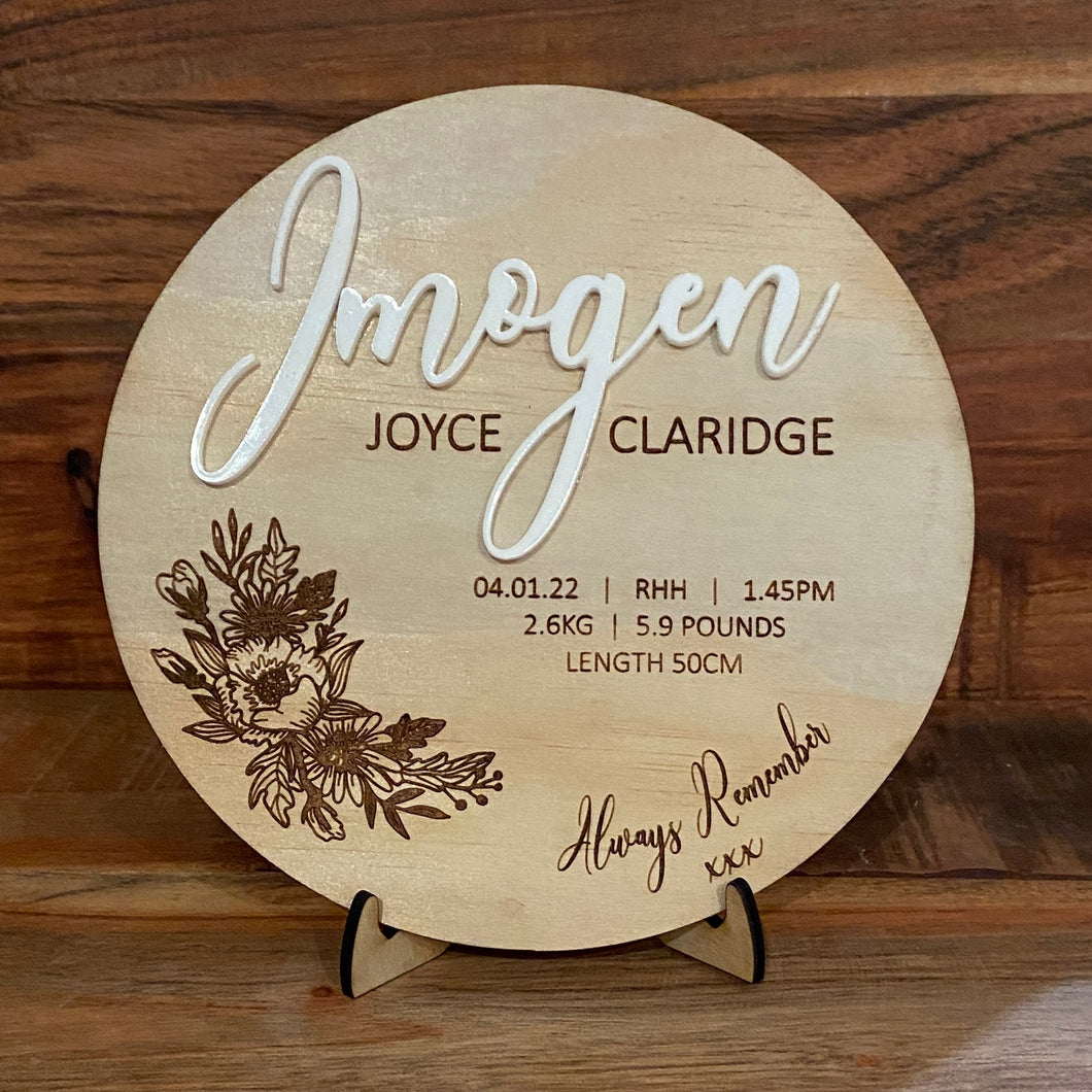 Plaque - Beautiful Nursery Plaque as Keepsake for Birth Announcement/Stats