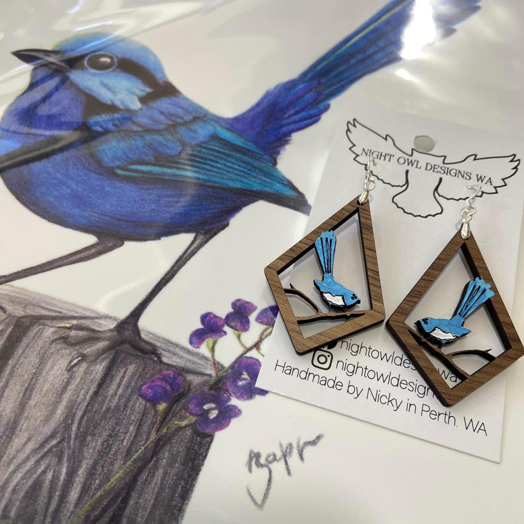 Earrings: Blue Wren Walnut Dangles