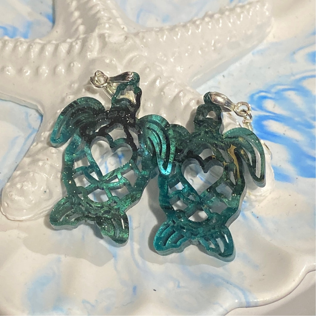 Earrings: Green Shimmer Acrylic Turtles Dangles